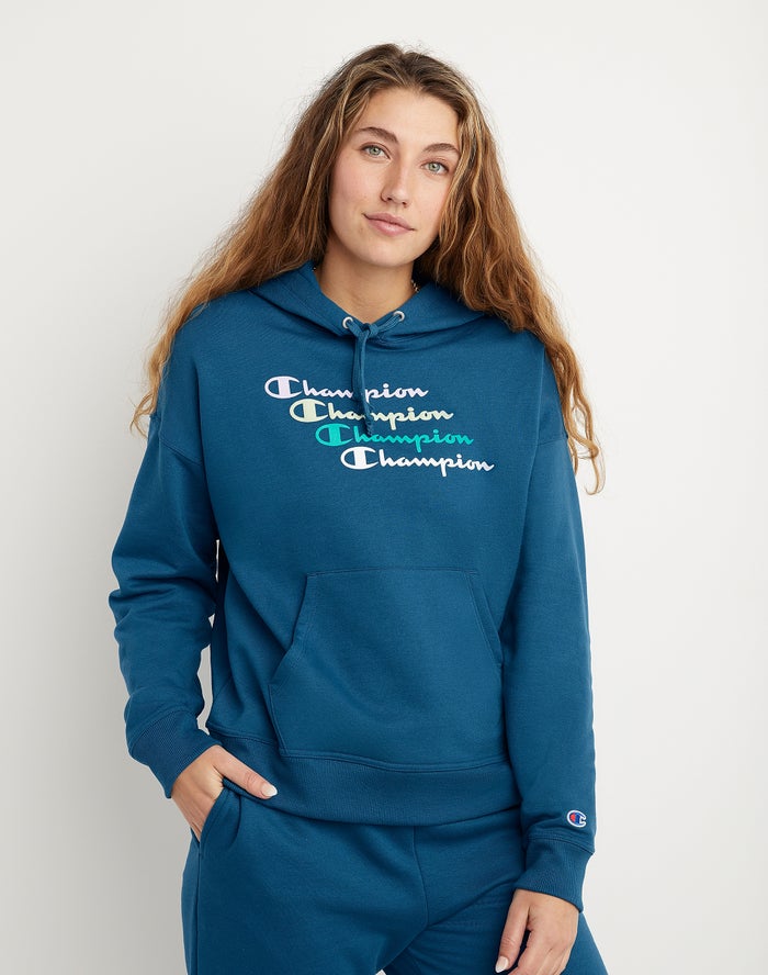 Hanorac Cu Gluga Champion Powerblend Fleece Relaxed Stacked Scripts Logo Dama Albastri - Romania HEB